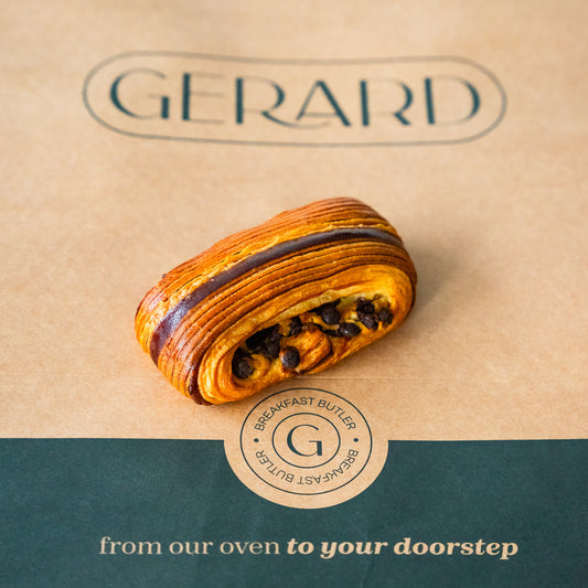 A chocolate twister: Chocolate-filled croissant pastry from Gérard Bakery, made with 75% cocoa chocolate chips