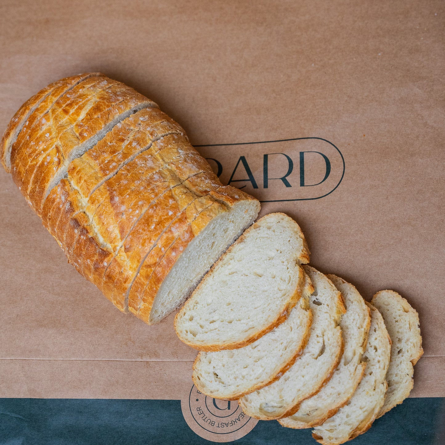 Close-up of sliced sourdough bread highlighting its light texture and golden crust