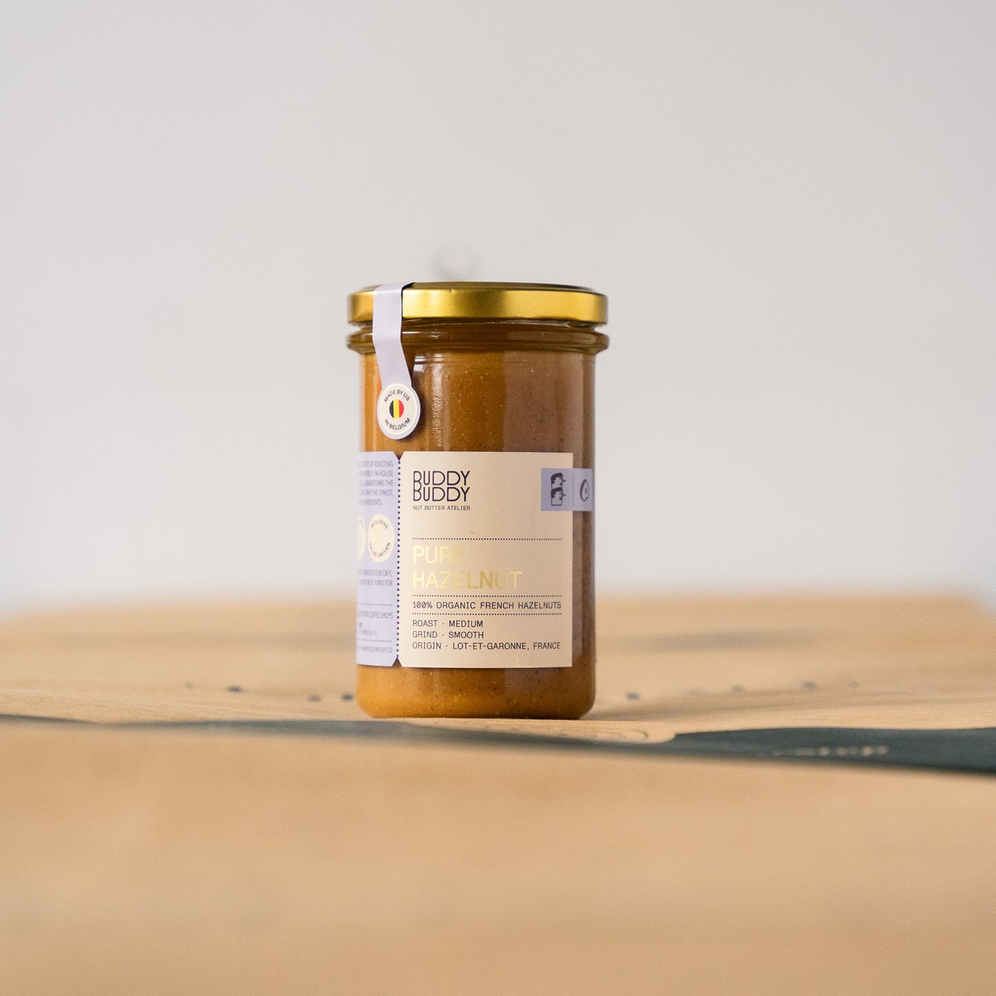 Buddy Buddy pure hazelnut butter in a glass jar, made with organic roasted hazelnuts for a rich and creamy spread