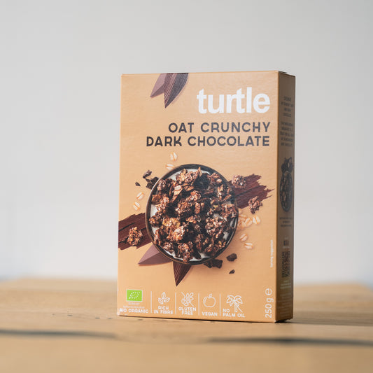  Delicious Turtle Oat Crunchy Dark Chocolate , a gluten-free breakfast with wholegrain oats and crunchy chocolate pieces.