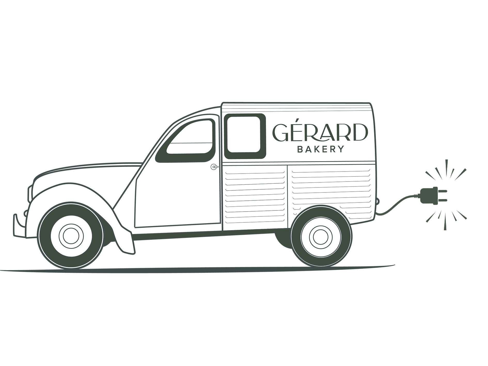 Illustration of a Gérard Bakery delivery van with an electric plug emitting sparks, symbolizing an eco-friendly or electric-powered vehicle