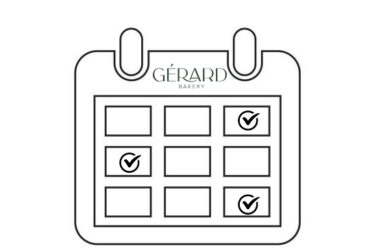 Line illustration of a calendar with the Gérard Bakery logo at the top, featuring several checkmarks on specific days, symbolizing scheduled delivery dates.